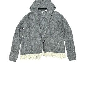 Gray Hooded Cardigan with Lace Trim
